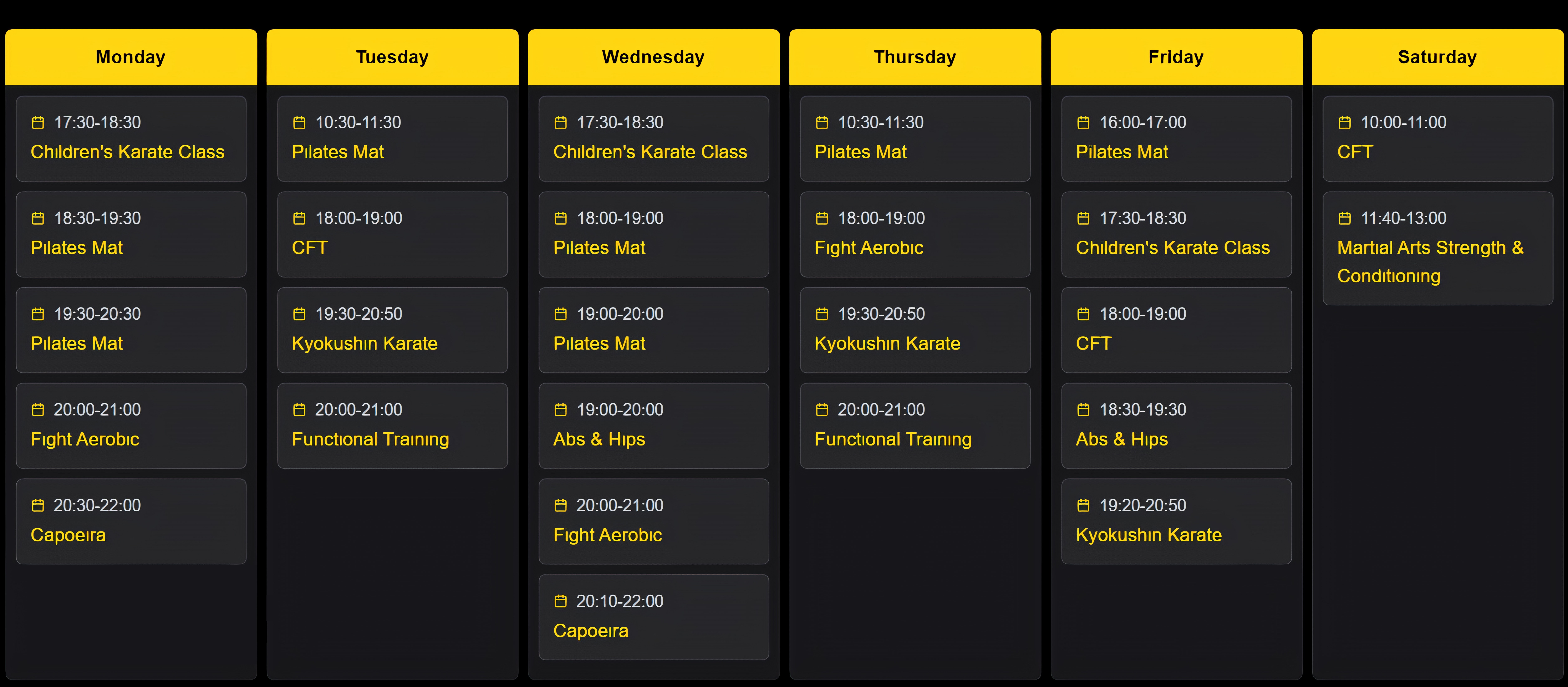 Cross Training weekly schedule