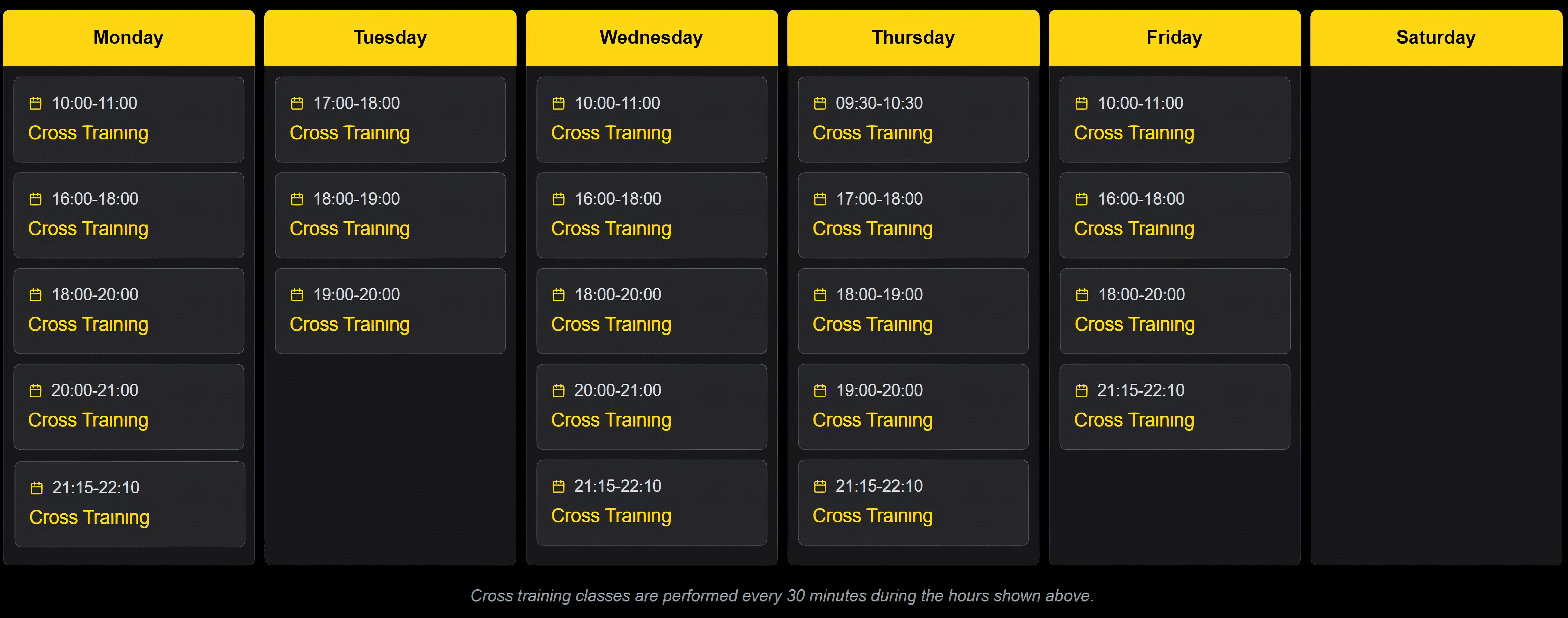 Cross Training weekly schedule